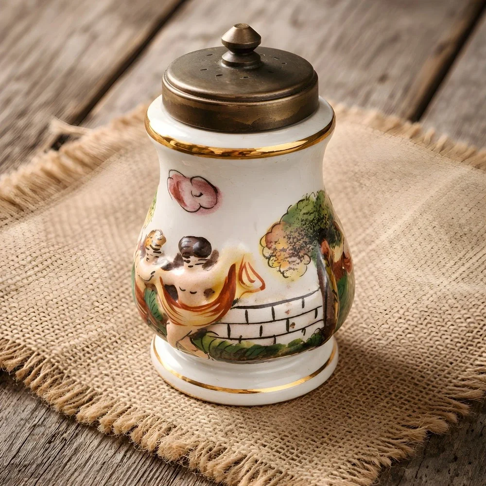 Capodimonte Porcelain Brass Salt Shaker Pepper Mill Cherubs Angels Italy Vintage